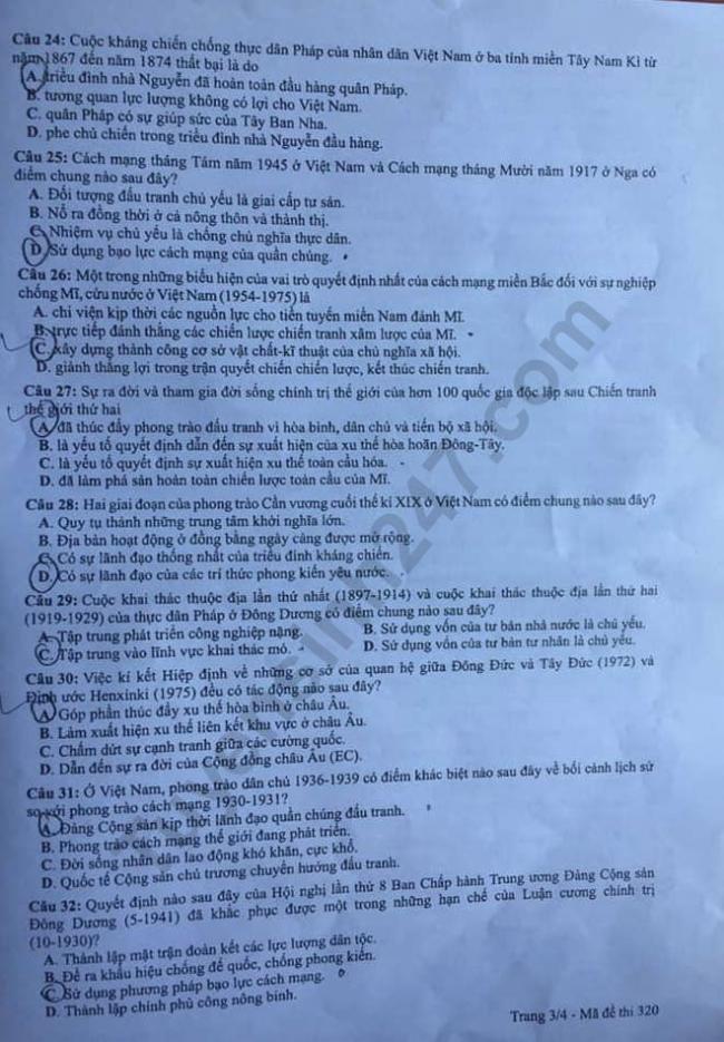 Thi THPQG 2019 Đề thi và đáp án môn Lịch sử mã đề 320 khoahoc vn