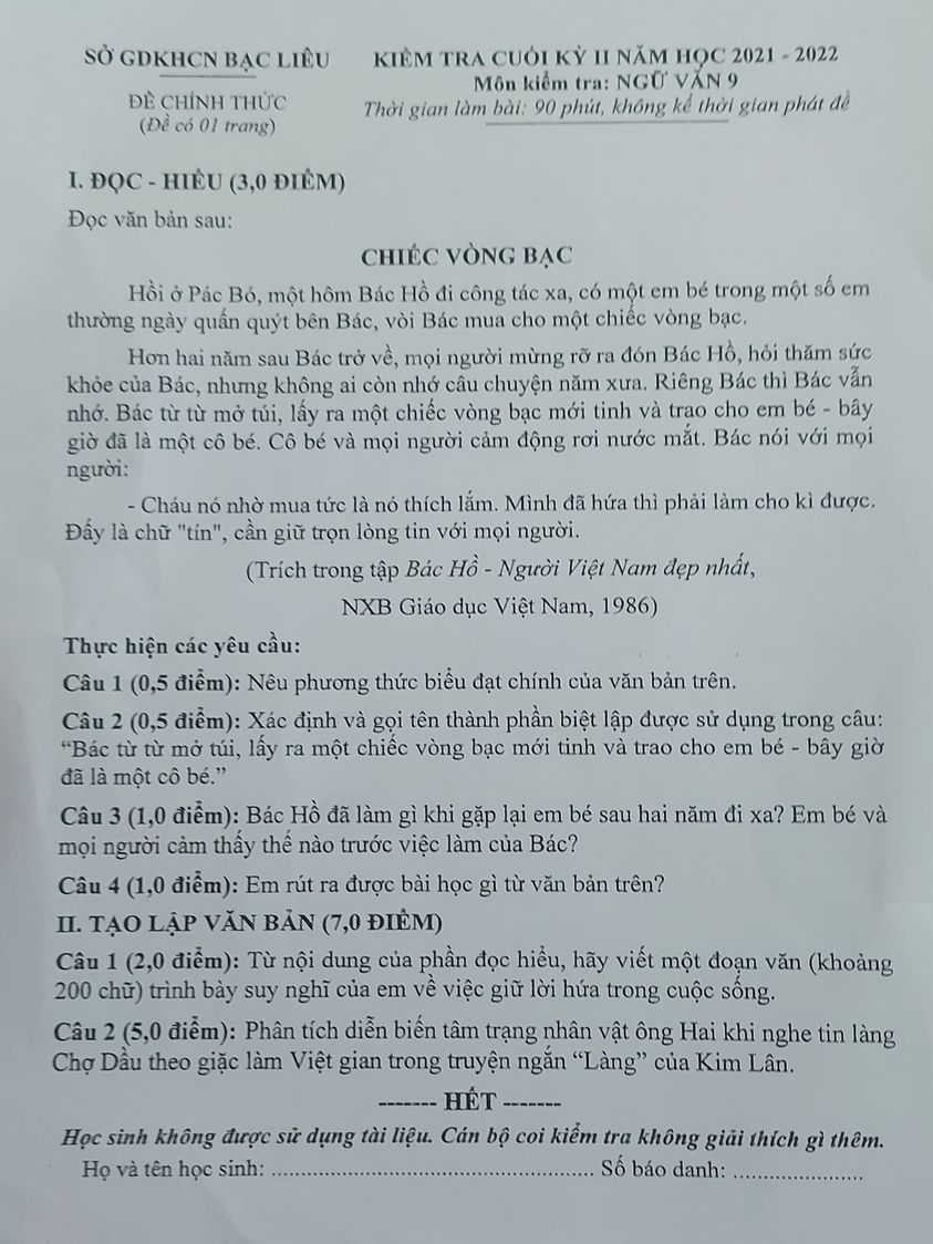 Đề thi học kì 2 lớp 9 môn Văn tỉnh Bạc Liêu năm 2022 khoahoc vn