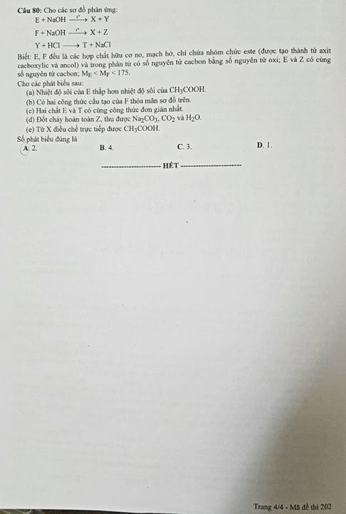 Thi THPTQG 2020: Đề thi và đáp án môn Hóa học mã đề 202