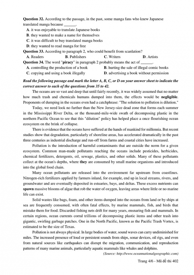 Đề và đáp án môn Tiếng Anh mã đề 402 thi THPT quốc gia năm 2017 - đáp án của bộ GD-ĐT