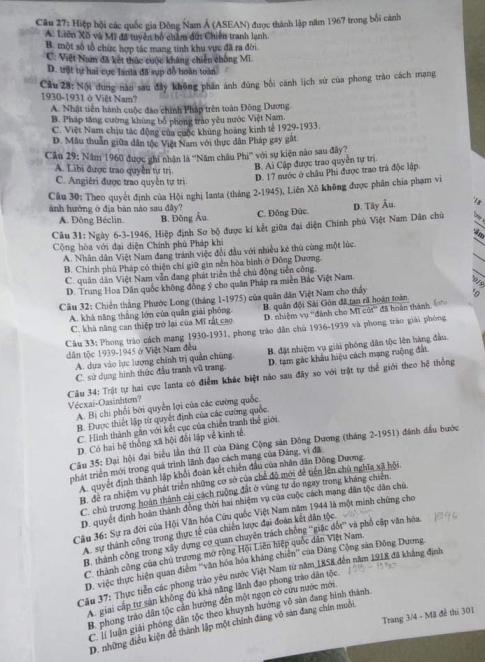 Thi THPQG 2020: Đề thi và đáp án môn Lịch sử mã đề 301