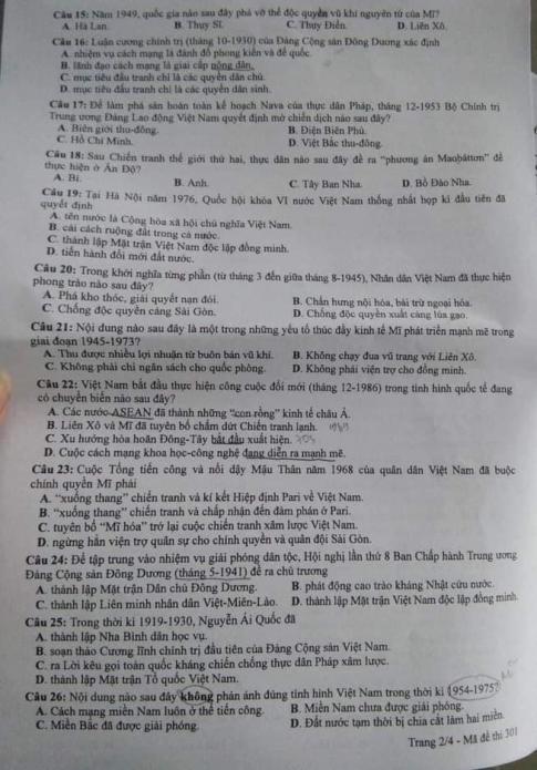 Thi THPQG 2020: Đề thi và đáp án môn Lịch sử mã đề 301