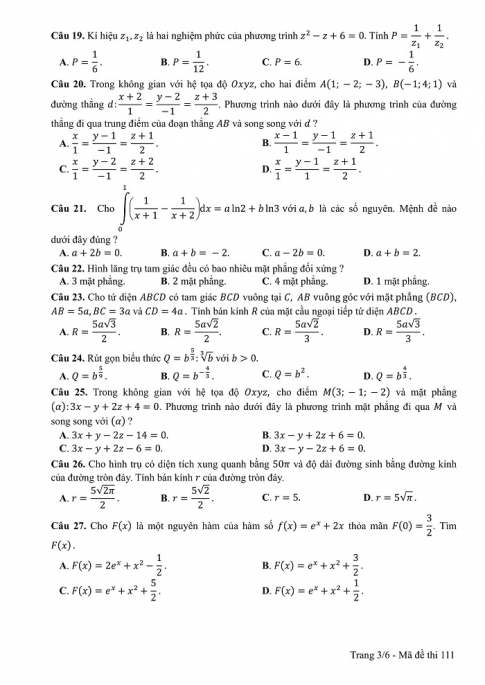 Đề và đáp án môn Toán mã đề 111 thi THPT quốc gia năm 2017 - đáp án của bộ GD-ĐT
