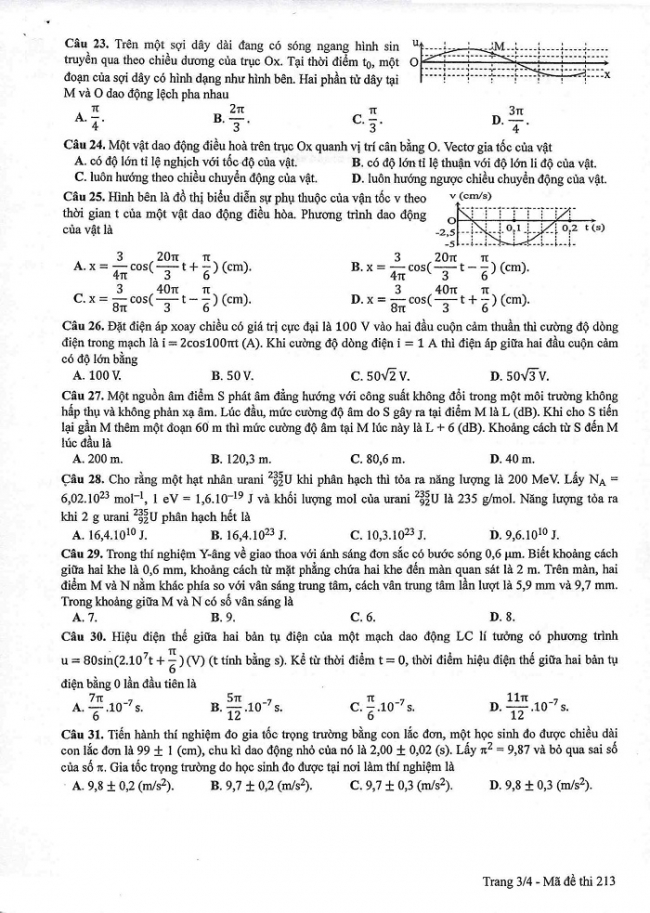 Đề và đáp án môn Vật lí mã đề 213 thi THPT quốc gia năm 2017 - đáp án của bộ GD-ĐT