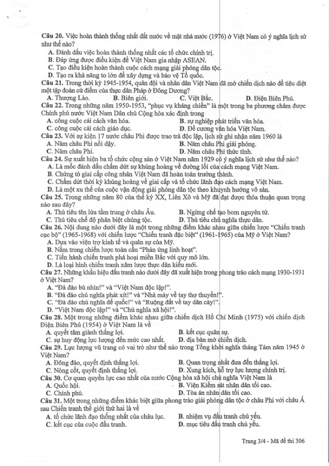 Đề và đáp án môn Sử mã đề 306 thi THPTQG 2017 – đáp án của bộ GD-ĐT