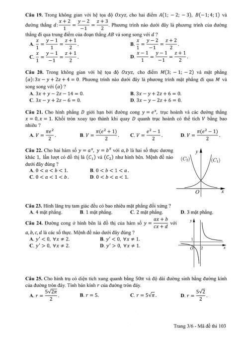 Đề và đáp án môn Toán mã đề 103 thi THPT quốc gia năm 2017 - đáp án của bộ GD-ĐT