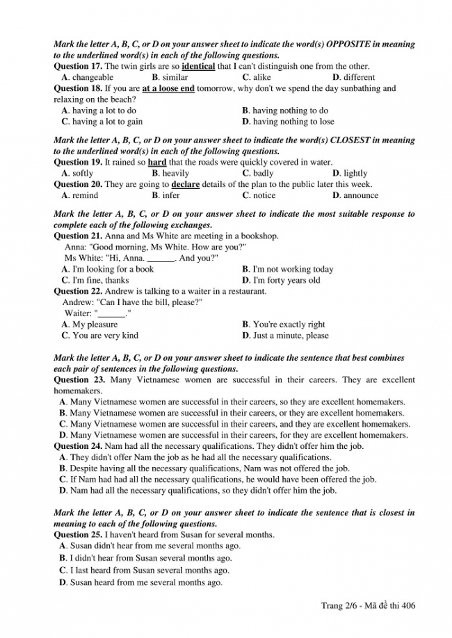 Đề và đáp án môn Tiếng Anh mã đề 406 thi THPT quốc gia năm 2017 - đáp án của bộ GD-ĐT