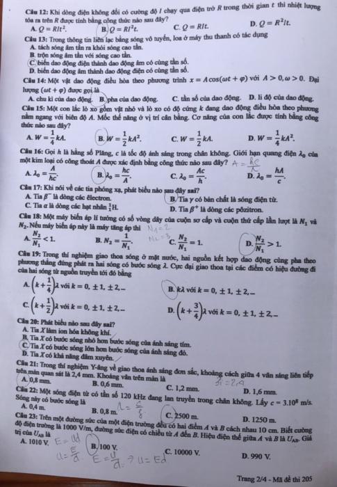 Thi THPTQG 2020: Đề thi và đáp án môn Vật lý mã đề 205