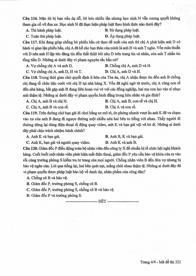 Môn Công dân mã đề 321 thi THPT quốc gia năm 2017 Đáp án mã đề 321 - đáp án chính thức của bộ GD - ĐT Đề và đáp án toàn bộ các môn thi kỳ thi THPT quốc gia năm 2017