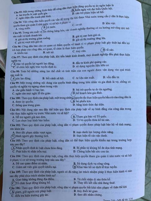 Thi THPQG 2020: Đề thi và đáp án môn GDCD mã đề 314