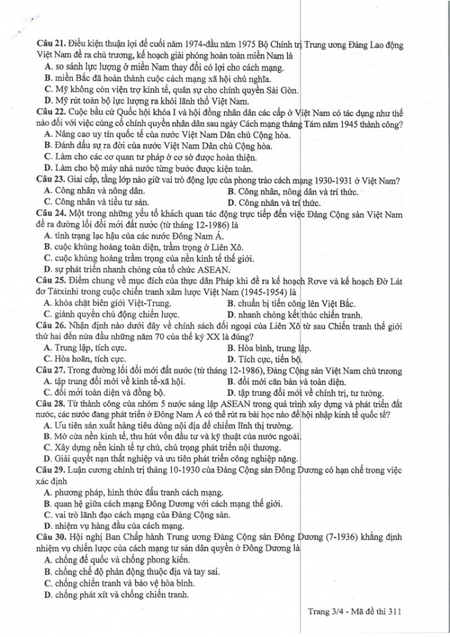 Đề và đáp án môn Sử mã đề 311 thi THPTQG 2017 – đáp án của bộ GD-ĐT