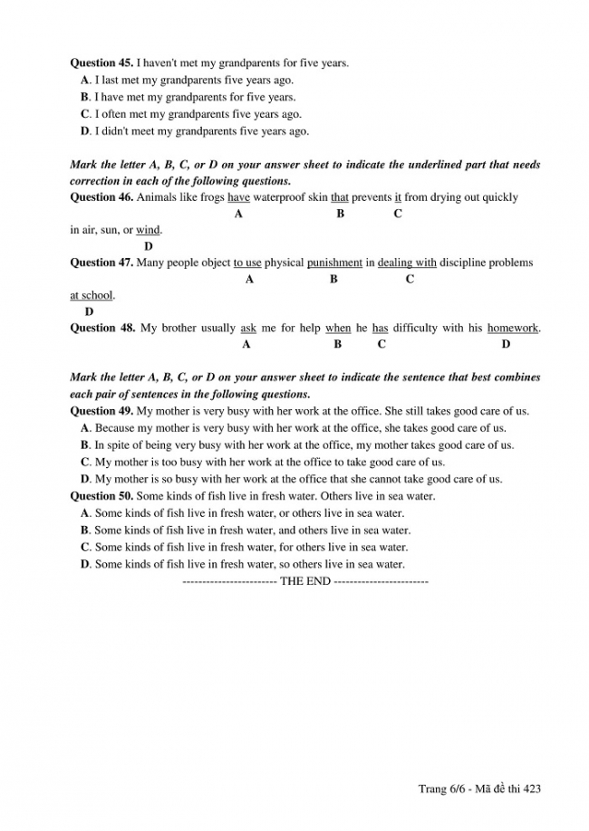Đề và đáp án môn Tiếng Anh mã đề 423 thi THPT quốc gia năm 2017 - đáp án của bộ GD-ĐT