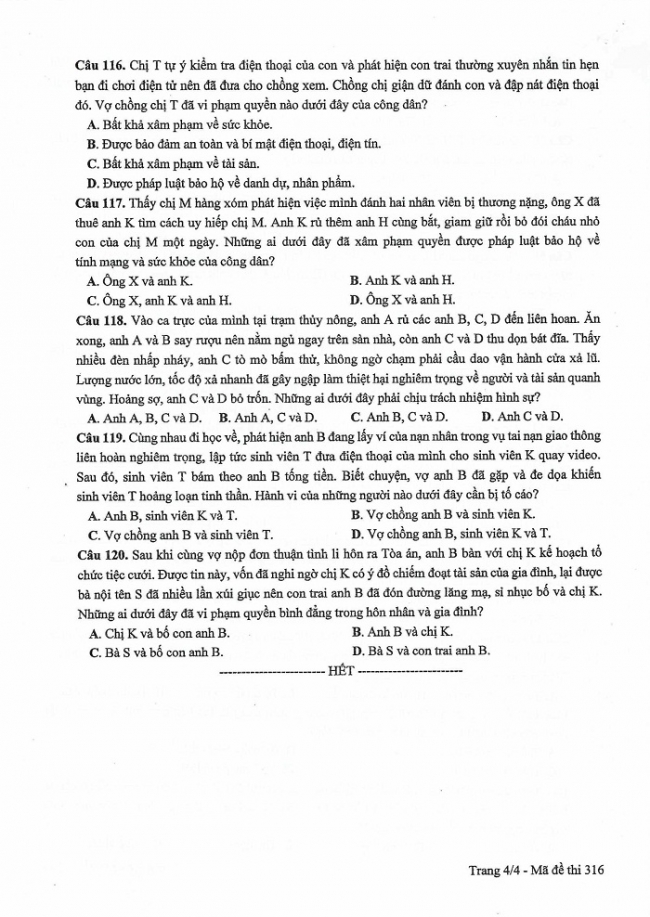 Đề và đáp án môn Công dân mã đề 316 thi THPTQG 2017 – đáp án của bộ GD-ĐT