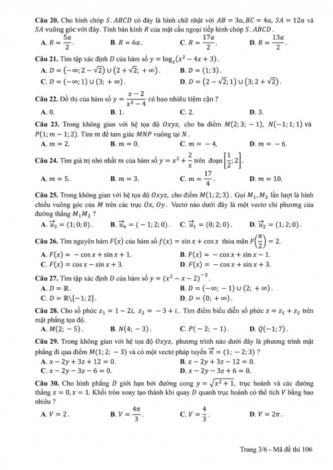 Đề và đáp án môn Toán mã đề 106 thi THPT quốc gia năm 2017 - đáp án của bộ GD-ĐT