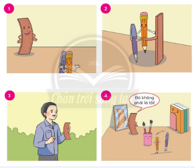 Đọc lại truyện Chuyện của thước kẻ. Sắp xếp các tranh theo thứ tự sự việc trong truyện.