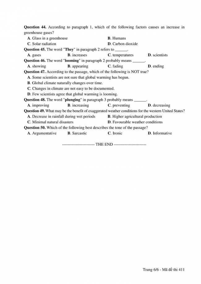 Đề và đáp án môn Tiếng Anh mã đề 411 thi THPT quốc gia năm 2017 - đáp án của bộ GD-ĐT