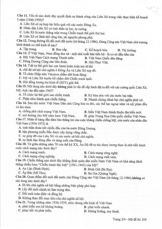 Đề và đáp án môn Sử mã đề 309 thi THPTQG 2017 – đáp án của bộ GD-ĐT