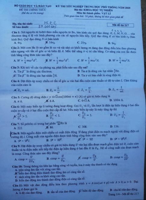 Thi THPTQG 2020: Đề thi và đáp án môn Vật lý mã đề 217