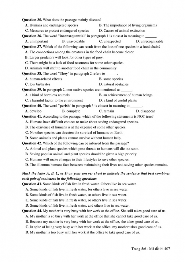 Đề và đáp án môn Tiếng Anh mã đề 407 thi THPT quốc gia năm 2017 - đáp án của bộ GD-ĐT