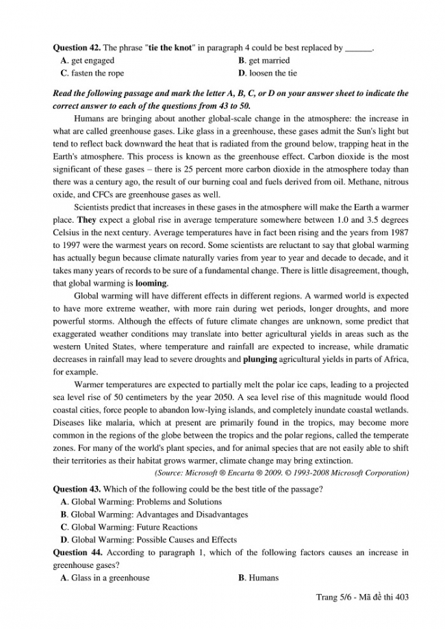 Đề và đáp án môn Tiếng Anh mã đề 403 thi THPT quốc gia năm 2017 - đáp án của bộ GD-ĐT