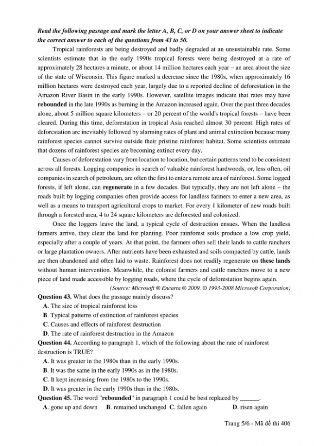 Đề và đáp án môn Tiếng Anh mã đề 406 thi THPT quốc gia năm 2017 - đáp án của bộ GD-ĐT
