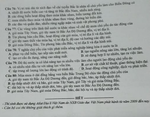 Thi THPQG 2020: Đề thi và đáp án môn Địa lí mã đề 308