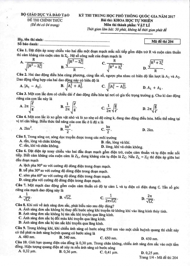 Đề và đáp án môn Vật lí mã đề 204 thi THPT quốc gia năm 2017 - đáp án của bộ GD-ĐT
