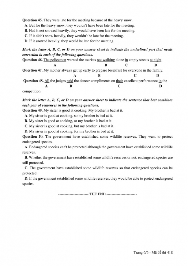 Đề và đáp án môn Tiếng Anh mã đề 418 thi THPT quốc gia năm 2017 - đáp án của bộ GD-ĐT