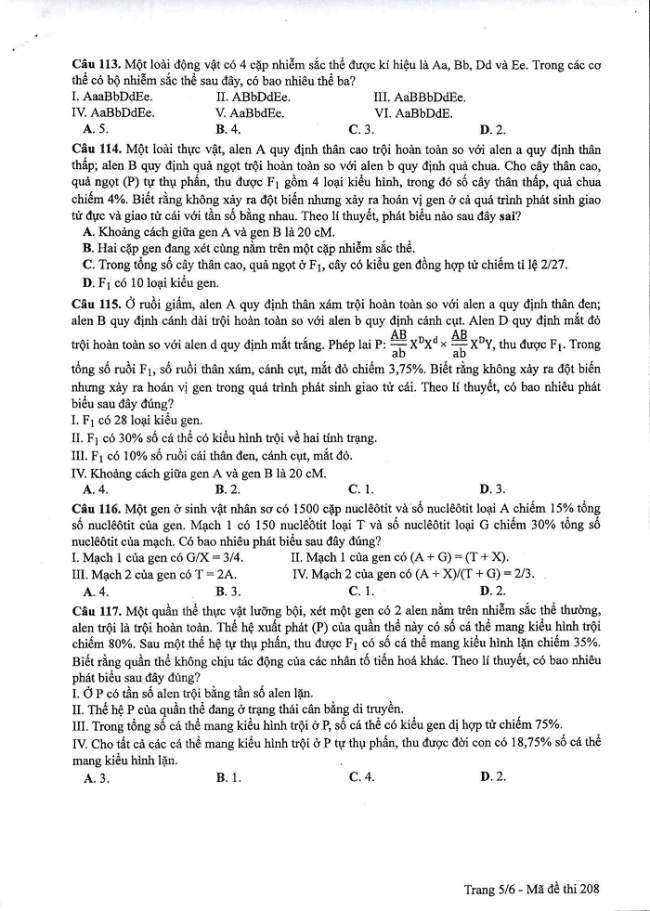 Đề và đáp án môn Sinh học mã đề 208 thi THPT quốc gia năm 2017 - đáp án của bộ GD-ĐT
