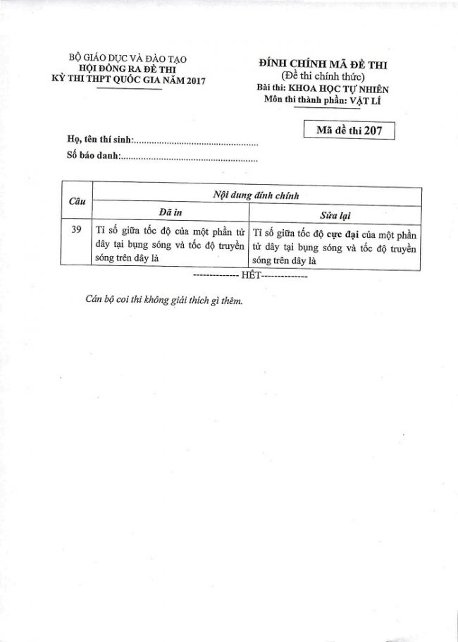 Đề và đáp án môn Vật lí mã đề 207 thi THPT quốc gia năm 2017 - đáp án của bộ GD-ĐT