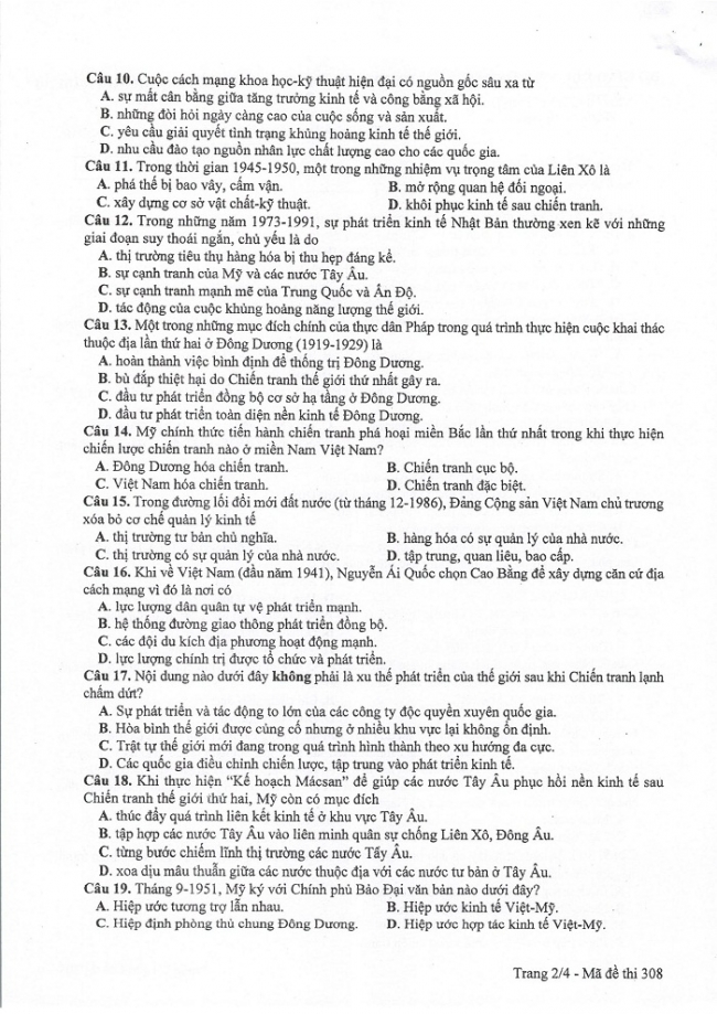 Đề và đáp án môn Sử mã đề 308 thi THPTQG 2017 – đáp án của bộ GD-ĐT
