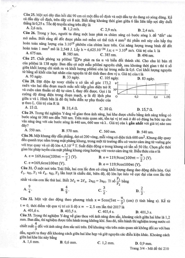 Đề và đáp án môn Vật lí mã đề 210 thi THPT quốc gia năm 2017 - đáp án của bộ GD-ĐT