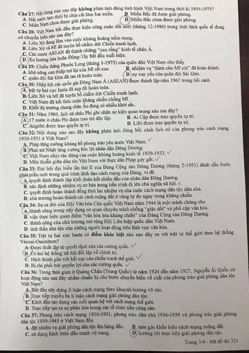 Thi THPQG 2020: Đề thi và đáp án môn Lịch sử mã đề 321