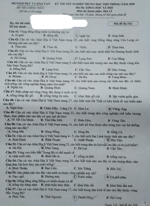 Thi THPQG 2020: Đề thi và đáp án môn Địa lí mã đề 316