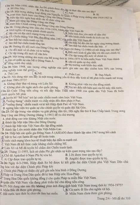 Thi THPQG 2020: Đề thi và đáp án môn Lịch sử mã đề 310