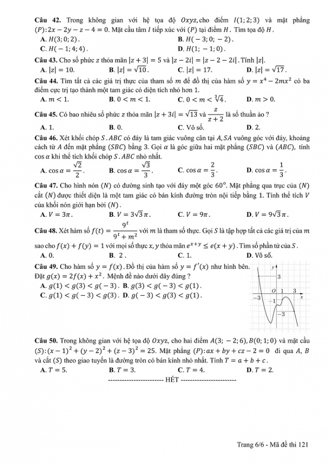 Đề và đáp án môn Toán mã đề 121 thi THPT quốc gia năm 2017 - đáp án của bộ GD-ĐT