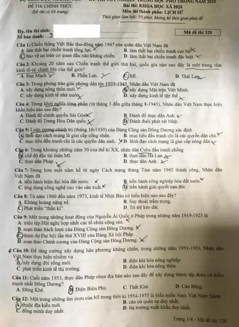 Thi THPQG 2020: Đề thi và đáp án môn Lịch sử mã đề 320
