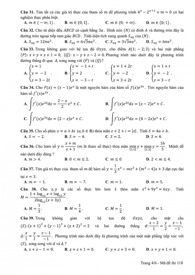 Đề và đáp án môn Toán mã đề 118 thi THPT quốc gia năm 2017 - đáp án của bộ GD-ĐT