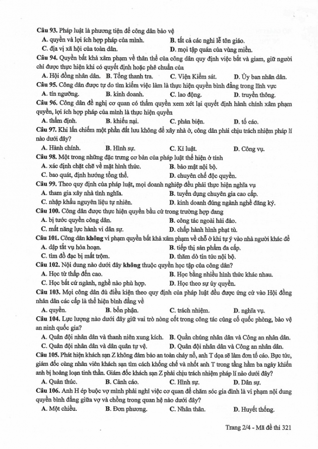 Môn Công dân mã đề 321 thi THPT quốc gia năm 2017 Đáp án mã đề 321 - đáp án chính thức của bộ GD - ĐT Đề và đáp án toàn bộ các môn thi kỳ thi THPT quốc gia năm 2017