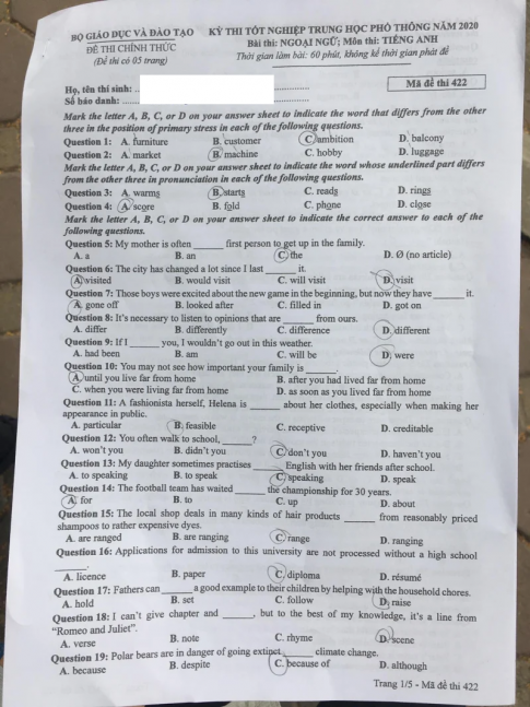 Thi THPQG 2020: Đề thi và đáp án môn Tiếng anh mã đề 422