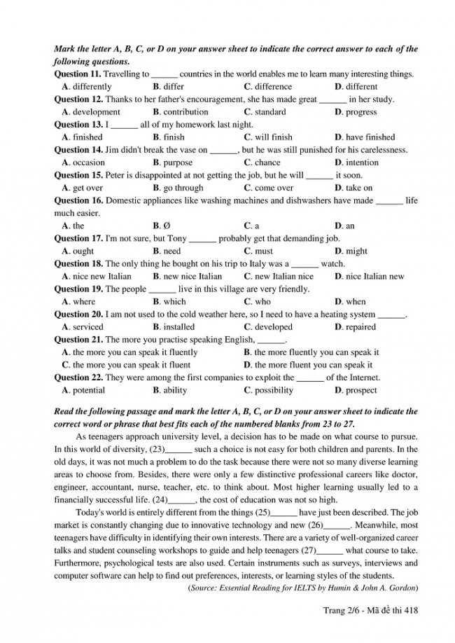 Đề và đáp án môn Tiếng Anh mã đề 418 thi THPT quốc gia năm 2017 - đáp án của bộ GD-ĐT