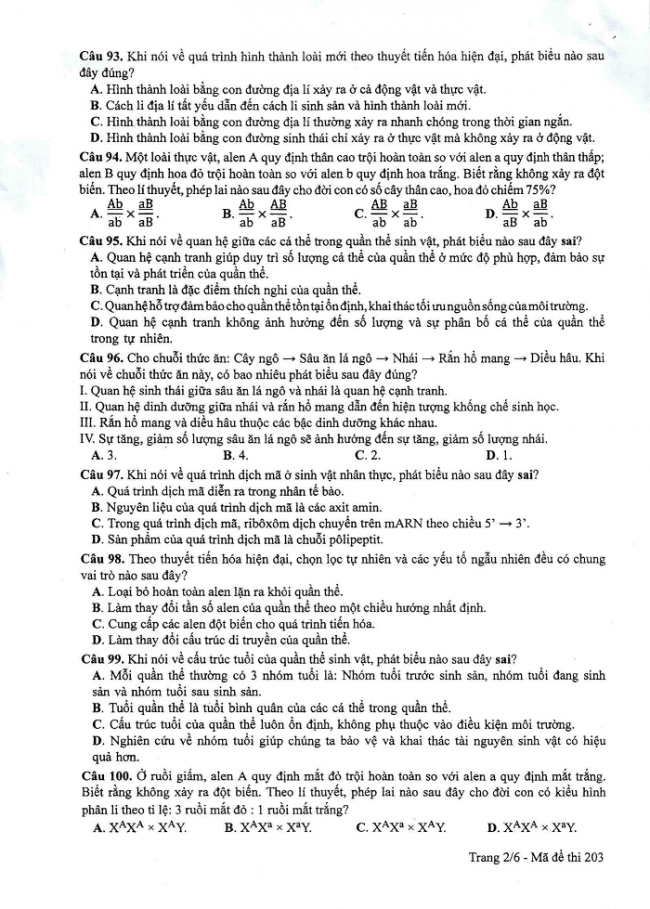 Đề và đáp án môn Sinh học mã đề 203 thi THPT quốc gia năm 2017 - đáp án của bộ GD-ĐT
