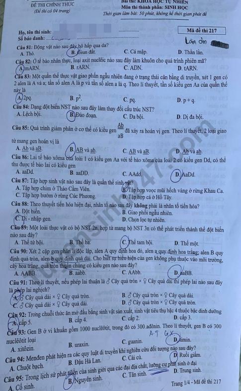 Thi THPQG 2020: Đề thi và đáp án môn Sinh học mã đề 217