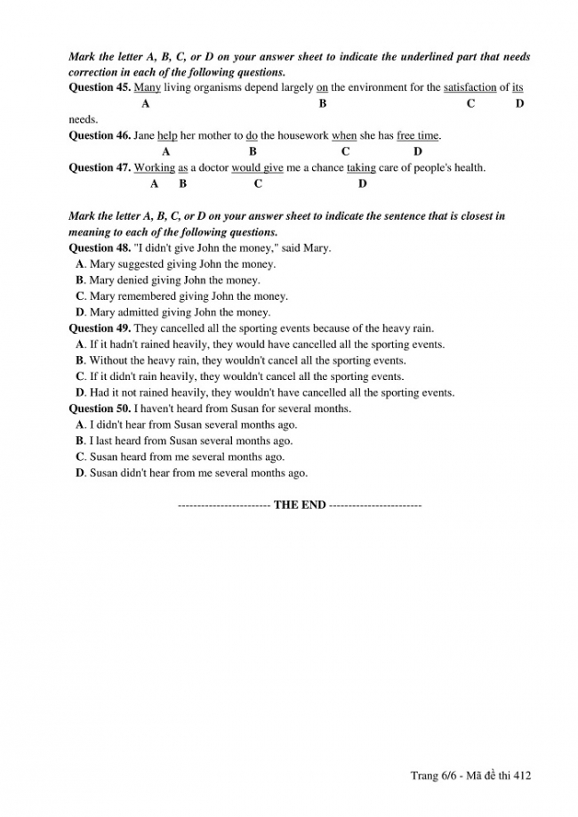 Đề và đáp án môn Tiếng Anh mã đề 412 thi THPT quốc gia năm 2017 - đáp án của bộ GD-ĐT