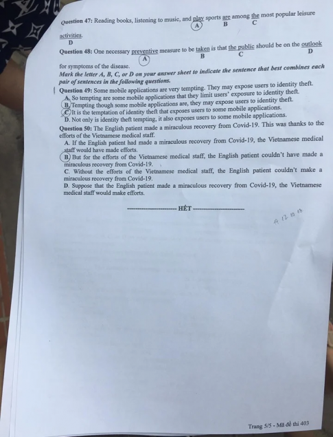 Thi THPQG 2020: Đề thi và đáp án môn Tiếng anh mã đề 403