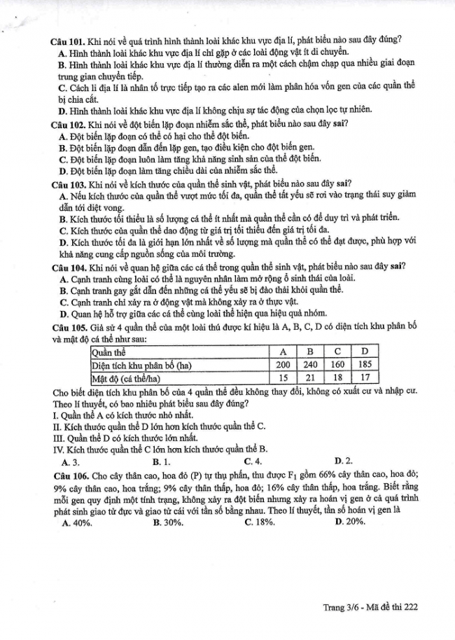 Đề và đáp án môn Sinh học mã đề 222 thi THPT quốc gia năm 2017 - đáp án của bộ GD-ĐT