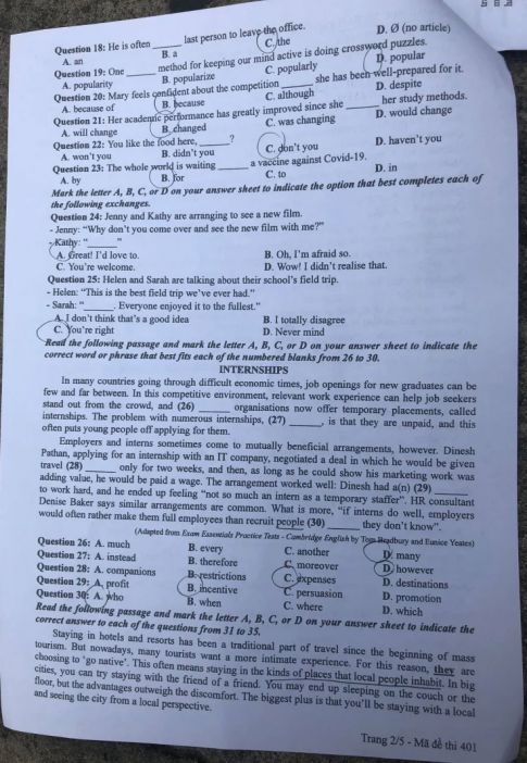 Thi THPQG 2020: Đề thi và đáp án môn Tiếng anh mã đề 401