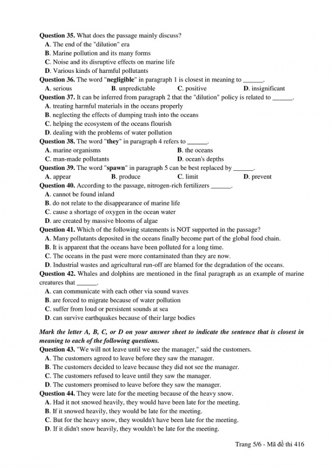 Đề và đáp án môn Tiếng Anh mã đề 416 thi THPT quốc gia năm 2017 - đáp án của bộ GD-ĐT