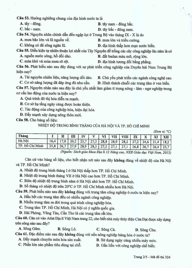 Đề và đáp án môn Địa mã đề 324 thi THPTQG 2017 – đáp án của bộ GD-ĐT