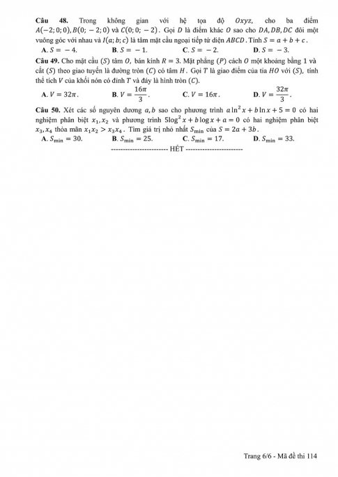 Đề và đáp án môn Toán mã đề 114 thi THPT quốc gia năm 2017 - đáp án của bộ GD-ĐT